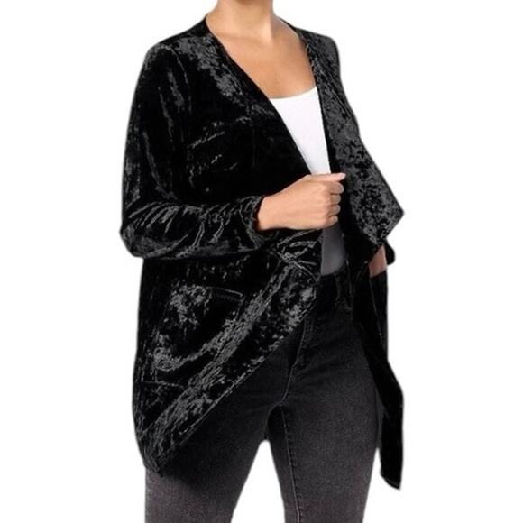 DENIM & CO CANYON RETREAT NWOT Crushed Velvet Draped Collar Cardigan Black XXS - Picture 1 of 7